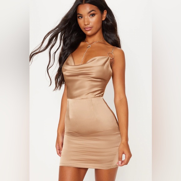 NEW PrettyLittleThing Champagne Satin Cowl Neck Ring Detail Bodycon Dress - Picture 2 of 7
